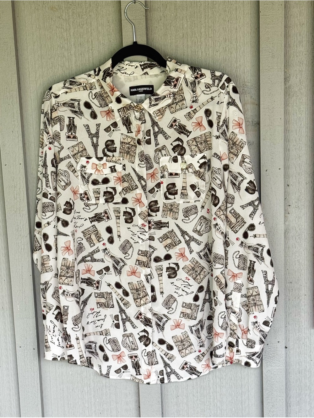 Karl Lagerfeld White Printed Travel Motif Shirt Blouse -Eiffel Tower - L